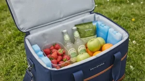 A large cool bag filled with fresh strawberries, drinks, and ice packs for a picnic.