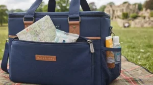 Detailed view of the external zipped pocket and mesh side storage on a large family cool bag.