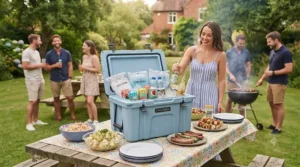A large cool box filled with drinks at a sunny British garden BBQ party.