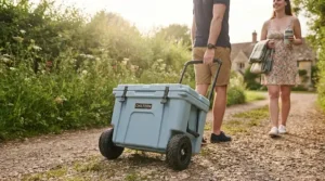 A large, portable cool box with wheels and a pull handle for easy transport.