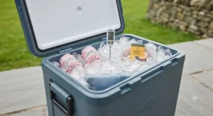 A 50L insulated cool box showcasing its capability to keep contents cold for multiple days.