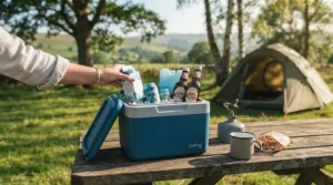 A durable mini cool box being used at a campsite in the British fells, perfect for keeping food and milk fresh while camping.