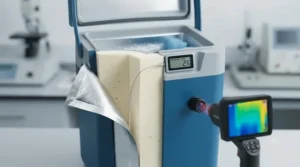 A technical cutaway diagram illustrating the thermal insulation layers of the portable mini cool box, showing its effectiveness in keeping items cold.