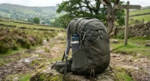 A rugged insulated sports water bottle clipped onto a rucksack during a weekend hike in the British countryside.