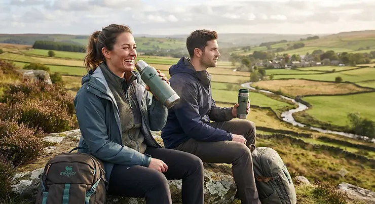 Walkers holding a durable Stanley flask during a weekend hike in the British countryside. Stanley water bottle
