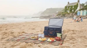 A large cool bag kept open on a picnic blanket at the beach, surrounded by lunch supplies.