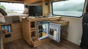 Compact 12v camping fridge integrated into a bespoke wooden campervan kitchen interior, overlooking a lake.