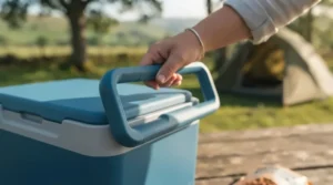 Close-up of the ergonomic, robust carry handle on the lightweight mini cool box, showing its ease of transport.