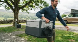 A person lifting a portable Dometic electric cool box using the robust, ergonomic side handles, highlighting its ease of transport for camping and days out.