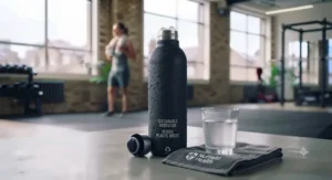 Exerciser drinking cold water from an insulated bottle after a strenuous workout in a British fitness studio.