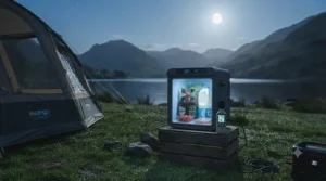A silent-running 12v camping fridge operating during a peaceful night at a lakeside camp, measured by a sound level meter.