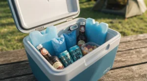 A mini cool box packed efficiently with reusable ice bricks and chilled items, demonstrating superior cooling performance.