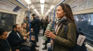 A person holding an eco-friendly insulated water bottle while walking through a busy British railway station during the morning commute.