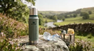 Reusable stainless steel Stanley water bottle helping to reduce single-use plastic waste in the UK.