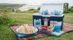 A close-up of a picnic spread on a tartan rug, showing sandwiches and a container of salad kept fresh by small blue ice blocks hidden underneath the plates.