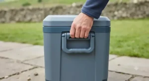 Ergonomic side handles on the 50L cool box to assist with lifting when fully packed.
