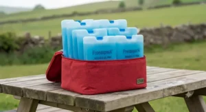 Slim-profile ice packs stacked perfectly inside a compact picnic cool box.