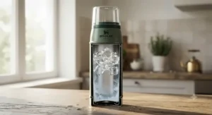 Cutaway view showing ice cubes kept frozen inside a double-wall vacuum insulated Stanley bottle.