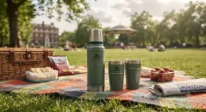 Stanley flask filled with a hot drink during a British summer picnic in the park.