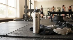 Sports-friendly Stanley IceFlow water bottle placed on a gym floor during a fitness workout.