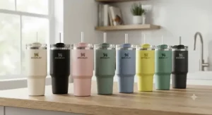 Line-up of popular Stanley Quencher travel tumblers in various colours available in UK stores.