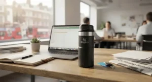 Leakproof Stanley travel mug sitting on a desk during a busy day in a London office.