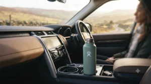 A compact insulated water bottle fitting snugly into a car cup holder during a long-distance road trip.