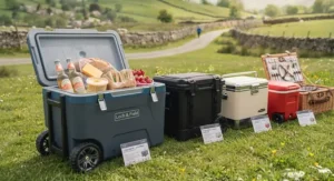 A side-by-side comparison of four different capacity wheeled cool boxes on a lawn, demonstrating the storage volume for bottles, sandwiches, and snacks.