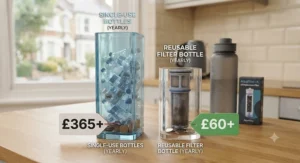 Infographic comparing yearly savings of using a reusable water filter bottle versus single-use plastic bottles in the UK.