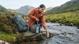 Backpacker using a pump water filter for group expeditions beside a fast-flowing stream in the British uplands.