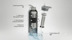 Diagram showing the internal filtration stages of a filter bottle for backpacking.
