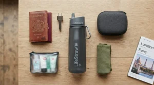 A traveller filling a reusable water bottle equipped with a microbiological filter from a tap in a historic European city street.
