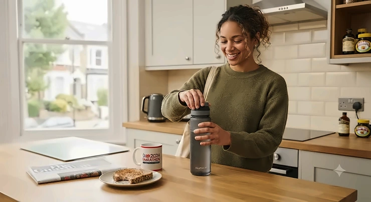 Best water filter bottle under £30 on a wooden kitchen worktop, ideal for eco-friendly hydration on UK commutes. filter water bottle under £30