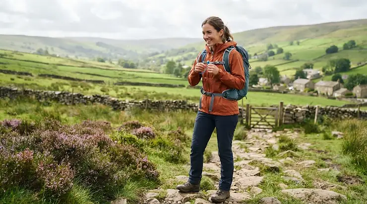 A hiker wearing the best hydration pack for walking trails in the British countryside. best hydration pack