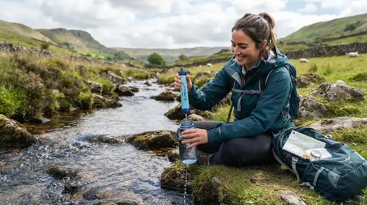 A portable water filter being used to purify natural stream water into a reusable bottle during a weekend hike in the British countryside. portable water filter