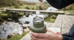Comparison infographic contrasting a camping stove boiling water with water purification tablets.