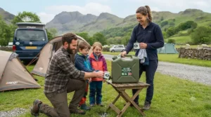 Campers using a 10-litre water container at a UK campsite pitch.