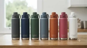 A lineup of the best-selling leak-proof sports bottle range showcasing all seven matte colourways on a wooden surface.