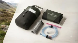 Compact storage bag containing a lightweight gravity water filter system for large group trekking.