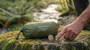 Compact gravity water filter packed down into its lightweight storage bag for hiking.
