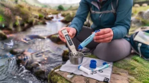 A pocket-sized portable water filter held in the palm of a hand, highlighting its lightweight and compact design.