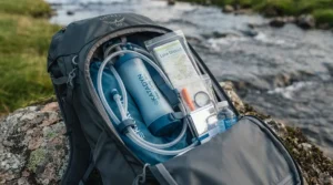 A compact pump water filter packed neatly inside an expedition rucksack alongside essential hiking gear.