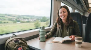 An eco-friendly collapsible water bottle sitting on a commuter's desk next to a laptop.