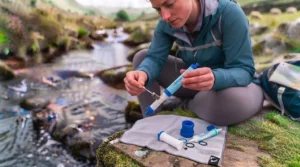 A reusable portable water filter helping to eliminate single-use plastic bottle waste during an outdoor adventure.