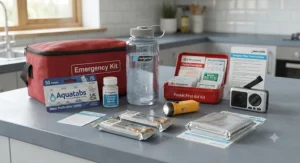 Essential items for an emergency preparedness kit in a UK home, featuring budget water purification tablets and a torch.