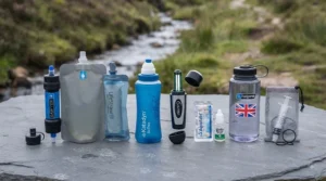 Backup water purification tablets laid out next to a compact outdoor water filter for emergency use on expedition.
