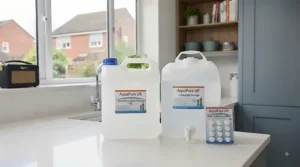 BPA-free emergency water storage containers and purification tablets ready for home disaster preparedness.