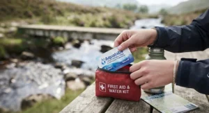 Emergency water purification tablets and survival gear laid out for an expedition in the British countryside.