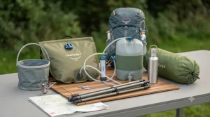 Complete components of a gravity water filter kit laid out for a family camping trip.
