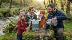 Family enjoying fresh, safe drinking water together while camping in the British countryside.